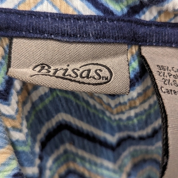 Brisas v neck collared top with blue and tan zig zag design, sz large - Picture 5 of 9